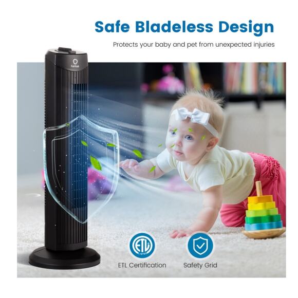 Fantask Quiet Bladeless Tower Fan 28" Oscillating Desk Table Home Office - Picture 4 of 4